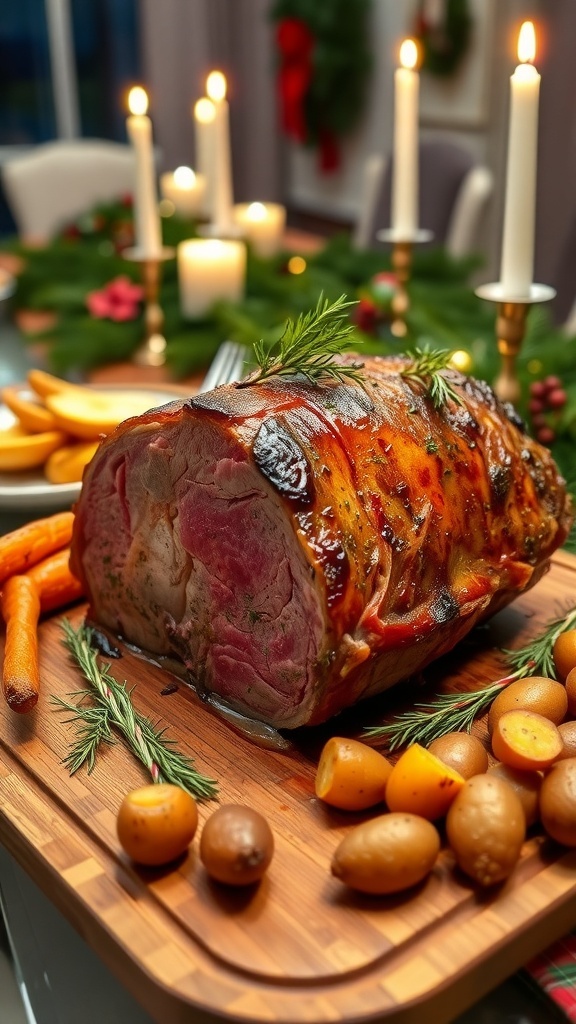 Herb-Crusted Christmas Roast A succulent herb-crusted beef rib roast on a cutting board, surrounded by festive sides, on a cozy Christmas dinner table.